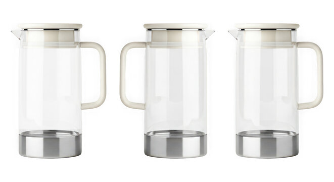 Set of three glass pitchers with lids isolated on a transparent background
