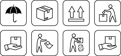 Logistics and Package Handling Icon Set Showing Delivery Care, Fragile Protection, Proper Handling Symbols, and Shipping Instructions for Warehouse, Courier, and Supply Chain Design