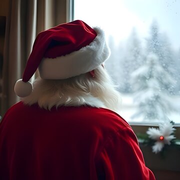 눈내리는 창문을 보고잇는 산타할아버지 뒷모습Santa's grandfather's back looking at the snowy window