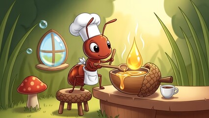 Obraz premium Cute Ant Chef Stirs Golden Honey in an Acorn Bowl Amidst Nature
