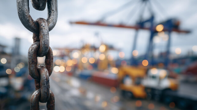 Tow truck hook and heavy-duty chain close-up, scratched and weathered steel surfaces, reflections highlighting robust industrial engineering, shallow depth of field with soft bokeh