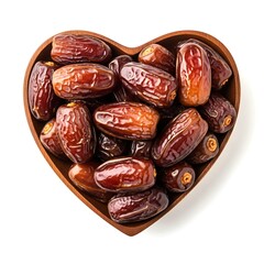 Heart shaped bowl filled with dried dates on white background fruit food