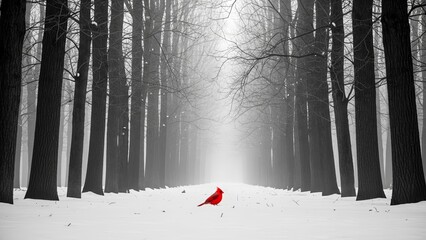 Vibrant Red Cardinal Stands on Snowy Path in Misty Black and White Winter Forest