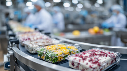 Obraz premium Close-up of assorted colorful popsicles in clear packaging, moving along a conveyor belt, factory workers softly blurred behind, bright and sterile production environment highlight