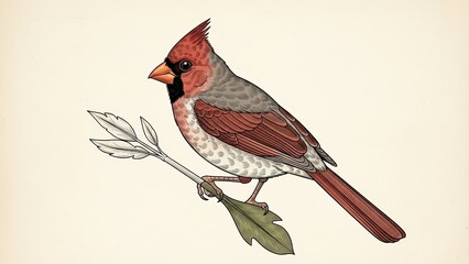 Detailed Illustration of a Northern Cardinal Bird Perched on a Branch