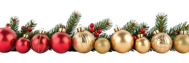 Festive Christmas ornaments in red and gold, adorned with pine branches and berries, create joyful holiday atmosphere