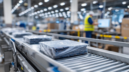 Macro view of frozen popsicles wrapped in clear packaging, moving along a conveyor belt under bright factory lights, blurred workers monitoring the process, stainless-steel surface