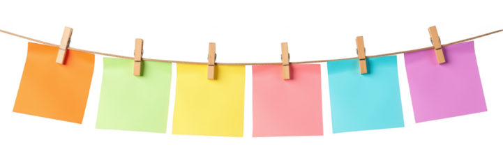 Colorful sticky notes hanging on string create vibrant and organized display, perfect for reminders and messages