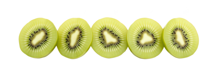 Fresh kiwi slices arranged in row, showcasing vibrant green color and unique texture. Perfect for healthy snacks or fruit salads