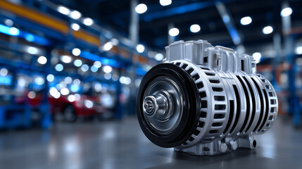 Fototapeta premium Close-up view of a car alternator assembly, pulley in foreground, rotor and stator inside housing detailed, clean studio background, reflective highlights on metal surfaces