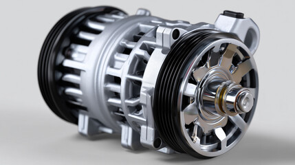 Naklejka premium Macro perspective of a car alternator, pulley, rotor, and stator fully visible, clean reflections on metal, smooth plain background, emphasizing automotive component precision
