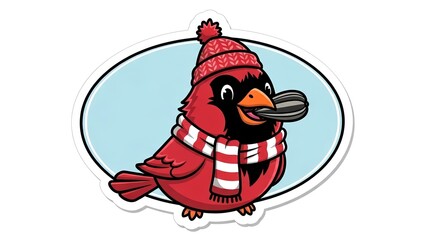 Cute Cartoon Cardinal Bird Wearing Winter Hat and Scarf Holding a Seed