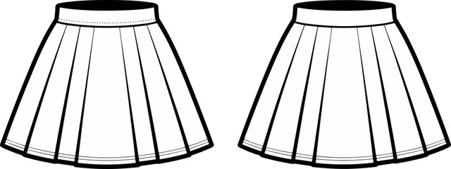 Women's Flared Mini Pleated Skirt Technical Fashion Illustration Set: High Waist and A-Line Shape for Apparel Design Vector Template