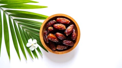 Wooden bowl of dates with green palm leaves and white flower fruit food