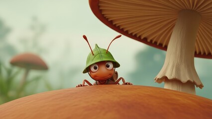 Cute Animated Ant Peeking over a Vibrant Orange Mushroom