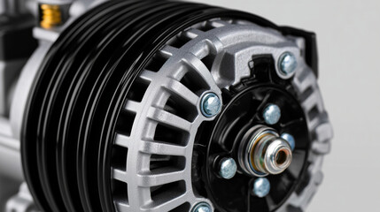 Macro close-up of car alternator, detailed pulley, rotor, and stator, polished metallic surfaces under studio light, plain neutral background for focus on mechanical design