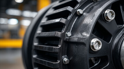 Fototapeta premium Close-up of alternator pulley and rotor, housing texture and bolts detailed, metallic surfaces under directional light, plain background emphasizing component precision