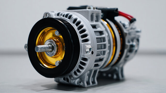 Close-up of alternator with pulley and stator, metallic housing textures emphasized, bolts and rotor detail visible, soft gradient background for clear industrial presentation