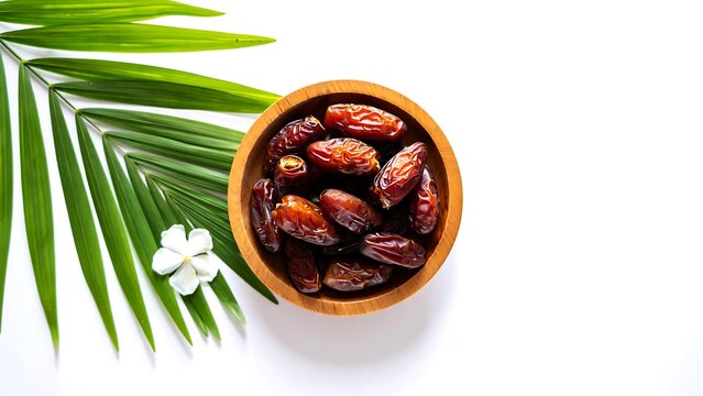 Wooden bowl of dates with green palm leaves and white flower fruit food