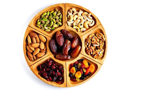 Wooden platter with assorted nuts and dried fruits on white background image