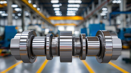 Detailed industrial photo of a large, precision-machined steel crankshaft, close-up showing polished bearings and counterweights, workshop environment softly blurred, metallic surf