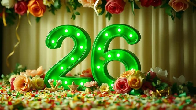 Celebration of 26th Birthday &ndash; Number 26 with Blinking Light Bulbs and Falling Confetti, 4K