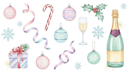 Christmas decorations and ornaments with champagne on for new years eve celebration