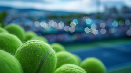 Detailed macro of tennis ball fuzz, sharp texture visible, bright green balls clustered together, blurred racket handles and other athletic equipment creating lively sports backgro