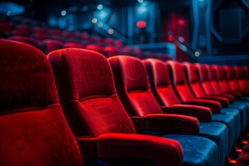 Comfortable red velvet seats are waiting for moviegoers in an empty cinema