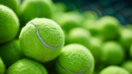 Soft-focused cluster of green tennis balls, one ball in crisp close-up, others slightly blurred, sports accessories in background adding depth and dynamic visual energy