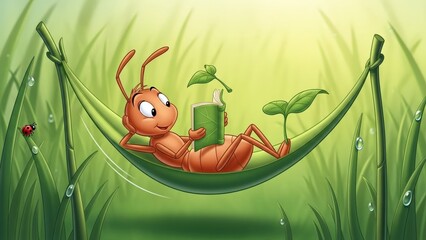Whimsical Cartoon Ant Reading a Leaf Book While Relaxing in a Green Hammock