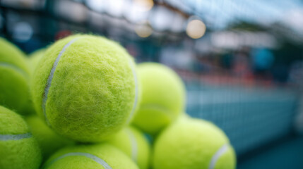 Macro perspective of green tennis ball, soft fuzz highlighted, multiple balls creating layered composition, background with blurred athletic gear suggesting active sports environme