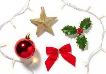 Festive christmas decorations including a red bauble, gold star, and holly sprig on a white background.