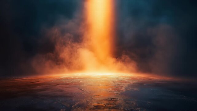 Molten light pillar erupts through smoke on dark ground, cinematic fiery beam background loop