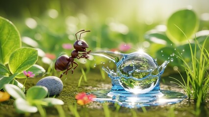 Happy Cartoon Ant Playing with a Clear Water Splash in a Lush Green Garden