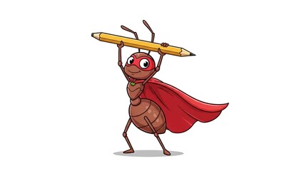 Cartoon Ant Superhero Proudly Lifts a Giant Yellow Pencil