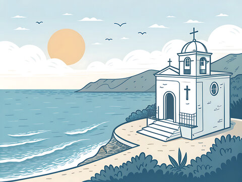 Coastal shrine by the sea, minimal vector illustration, open sky background