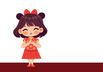 Cheerful girl in traditional red dress with flower patterns expressing joy for Chinese Lunar New Year celebration