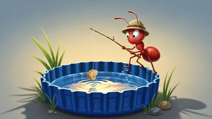 Determined Cartoon Ant Fishing Bread from Blue Bottle Cap Water