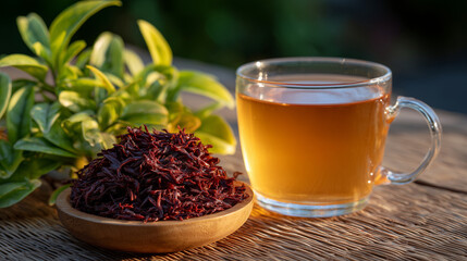 Pile of red tea leaves beside a transparent cup of tea, natural fiber table, fresh green leaves adding vibrancy, gentle morning light enhancing textures and warm tones