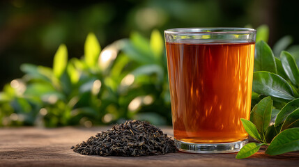 Fototapeta premium Pile of mixed tea leaves (black, red, green) beside glass of brewed tea, fresh green leaves scattered around, aromatic and relaxing composition, natural light highlighting textures