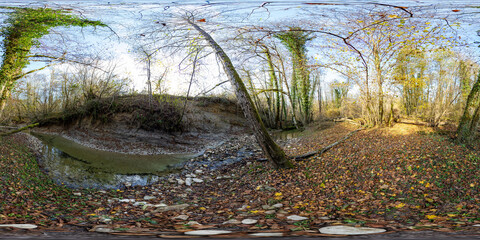 full seamless spherical hdr panorama 360 degrees angle view among the bushes of forest near river or lake high in mountains in equirectangular projection, ready VR AR virtual reality content