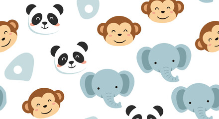 Fototapeta premium Playful pattern featuring smiling elephants monkeys and pandas in a soft pastel cartoon style suitable for kids textiles decor and wallpaper.