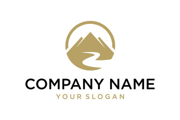 Modern Gold Mountain and River Logo Design in Circle Frame for Nature and Outdoor Brands
