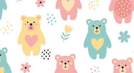 Obraz premium Pastel bear pattern featuring friendly bears with heart motifs surrounded by flowers and soft shapes in a cheerful cozy design for kid friendly textiles.