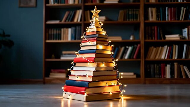 cozy home library book tree adorned with lights and star topper, stacked hardcover books arranged into cone on wooden floor in front of full bookshelf, warm fairy lights creating bokeh glow, evening.