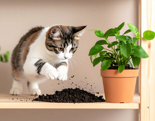 Kot niszczący roślinę w domu