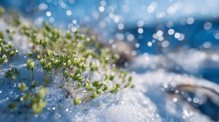 Close-up of tiny green plants emerging from snow, sparkling sunlight creating glints on snow crystals, soft-focus winter forest floor background, hopeful and tranquil atmosphere