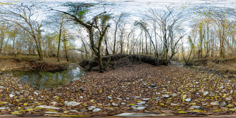 full seamless spherical hdr panorama 360 degrees angle view among the bushes of forest near river or lake high in mountains in equirectangular projection, ready VR AR virtual reality content