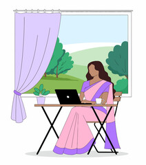 A serene scene of a woman dressed in beautiful traditional attire working intently on her laptop against a backdrop of nature, blending culture with modern technology and productivity.